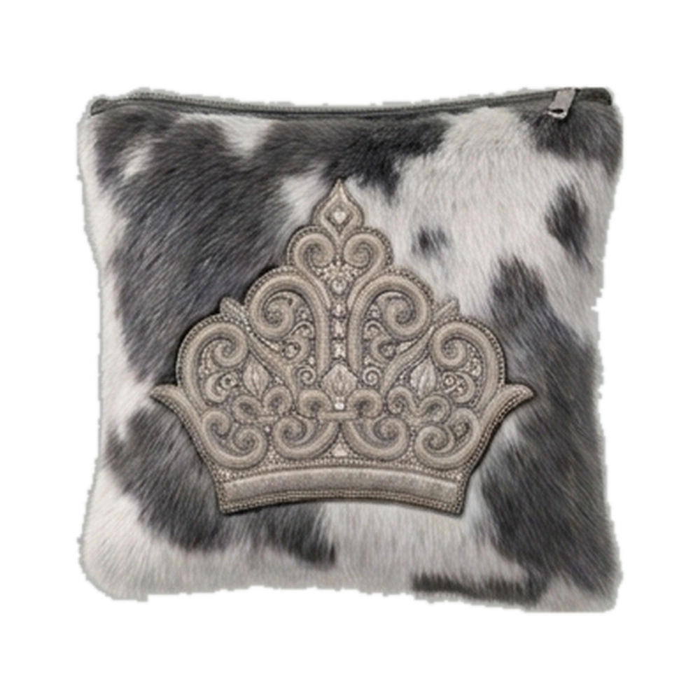 Atarah Atelier tallis bag in Ash, grey and white fur with a silver crown