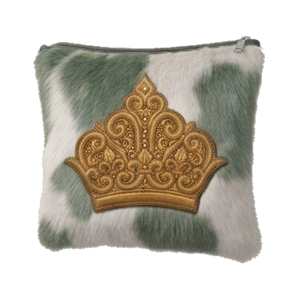 Atarah Atelier tallis bag in Olivewood, sage and white fur with a gold crown